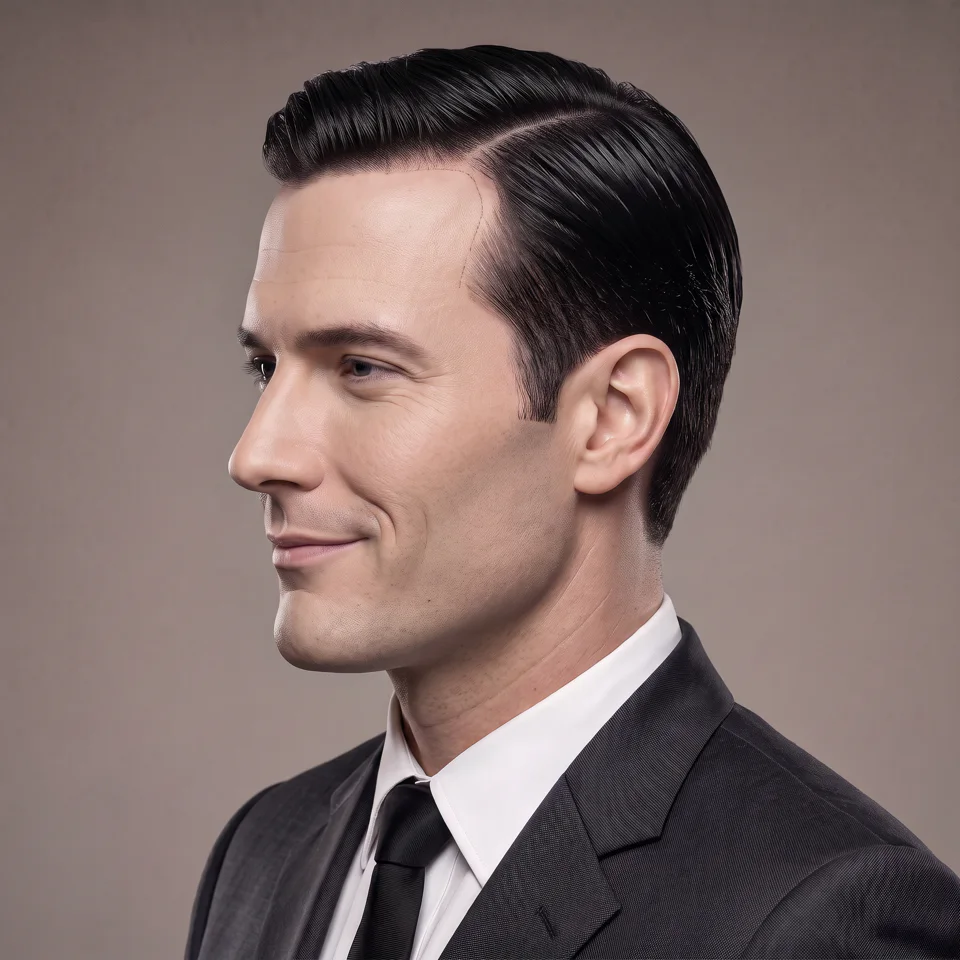 Psycho in profile, wearing a suit